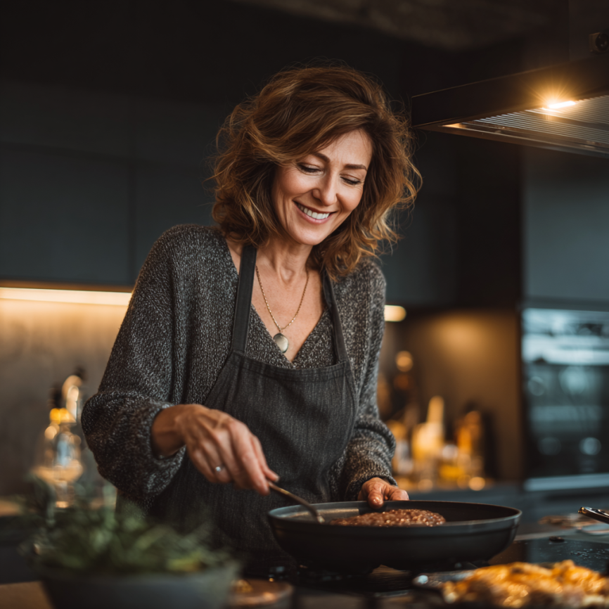 Літня жінка готує здорову їжу на кухні